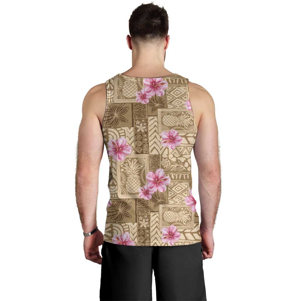 Beige Hawaii Hibiscus With Tropical Flowers Motifs Men Tank Top - Polynesian Pride