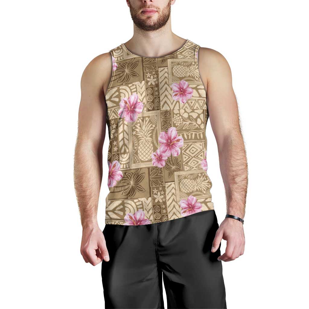 Beige Hawaii Hibiscus With Tropical Flowers Motifs Men Tank Top - Polynesian Pride