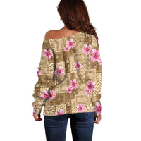 Beige Hawaii Hibiscus With Tropical Flowers Motifs Off Shoulder Sweater - Polynesian Pride