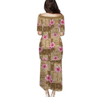 Beige Hawaii Hibiscus With Tropical Flowers Motifs Puletasi - Polynesian Pride