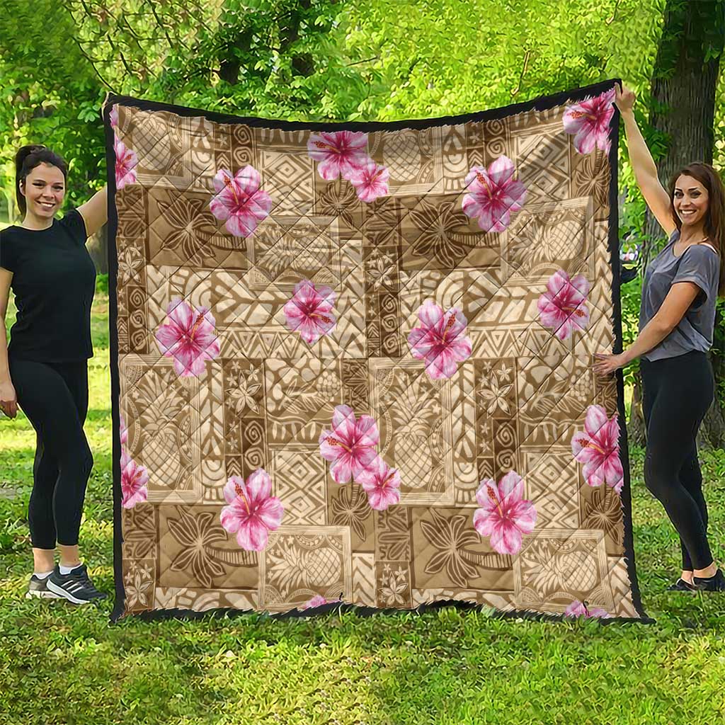 Beige Hawaii Hibiscus With Tropical Flowers Motifs Quilt - Polynesian Pride