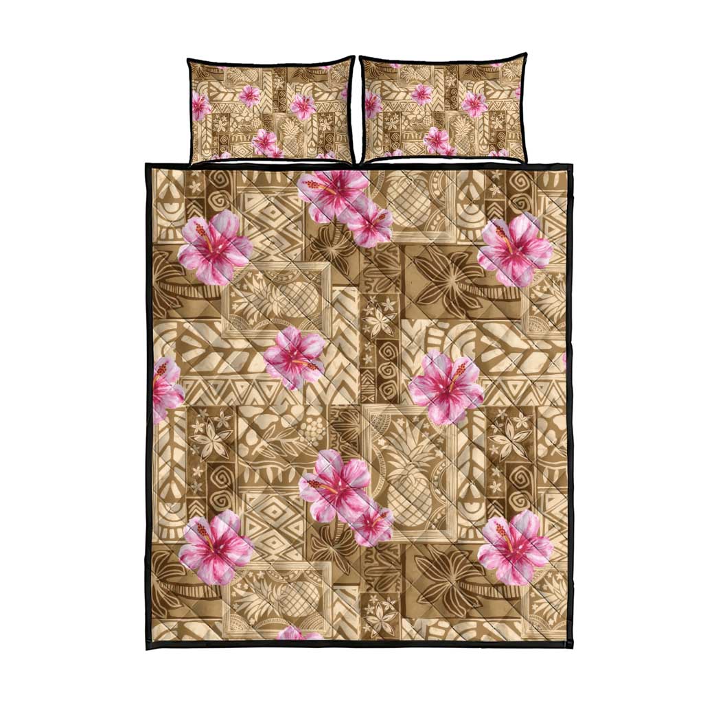 Beige Hawaii Hibiscus With Tropical Flowers Motifs Quilt Bed Set - Polynesian Pride