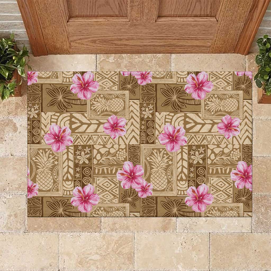 Beige Hawaii Hibiscus With Tropical Flowers Motifs Rubber Doormat - Polynesian Pride