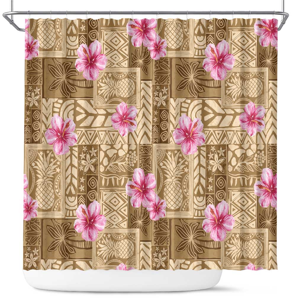 Beige Hawaii Hibiscus With Tropical Flowers Motifs Shower Curtain - Polynesian Pride