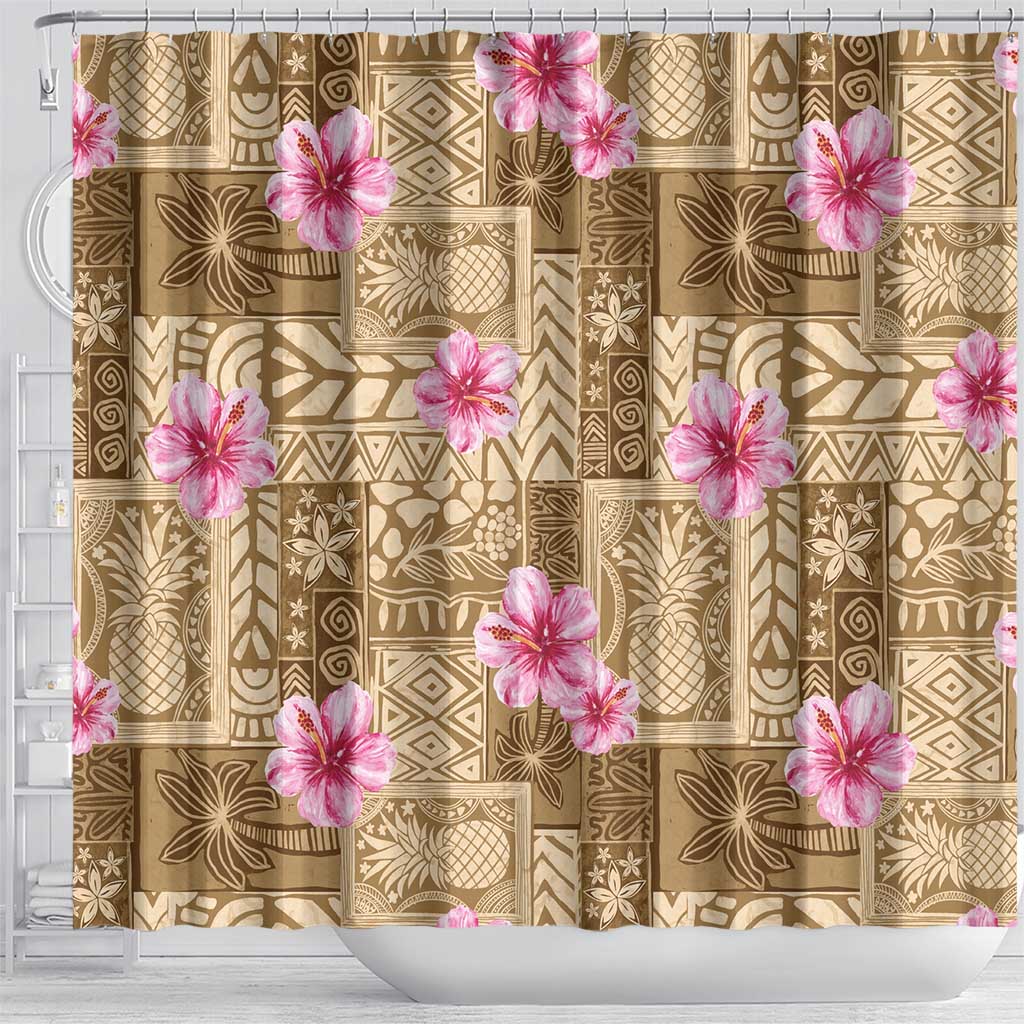 Beige Hawaii Hibiscus With Tropical Flowers Motifs Shower Curtain - Polynesian Pride