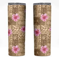 Beige Hawaii Hibiscus With Tropical Flowers Motifs Skinny Tumbler - Polynesian Pride