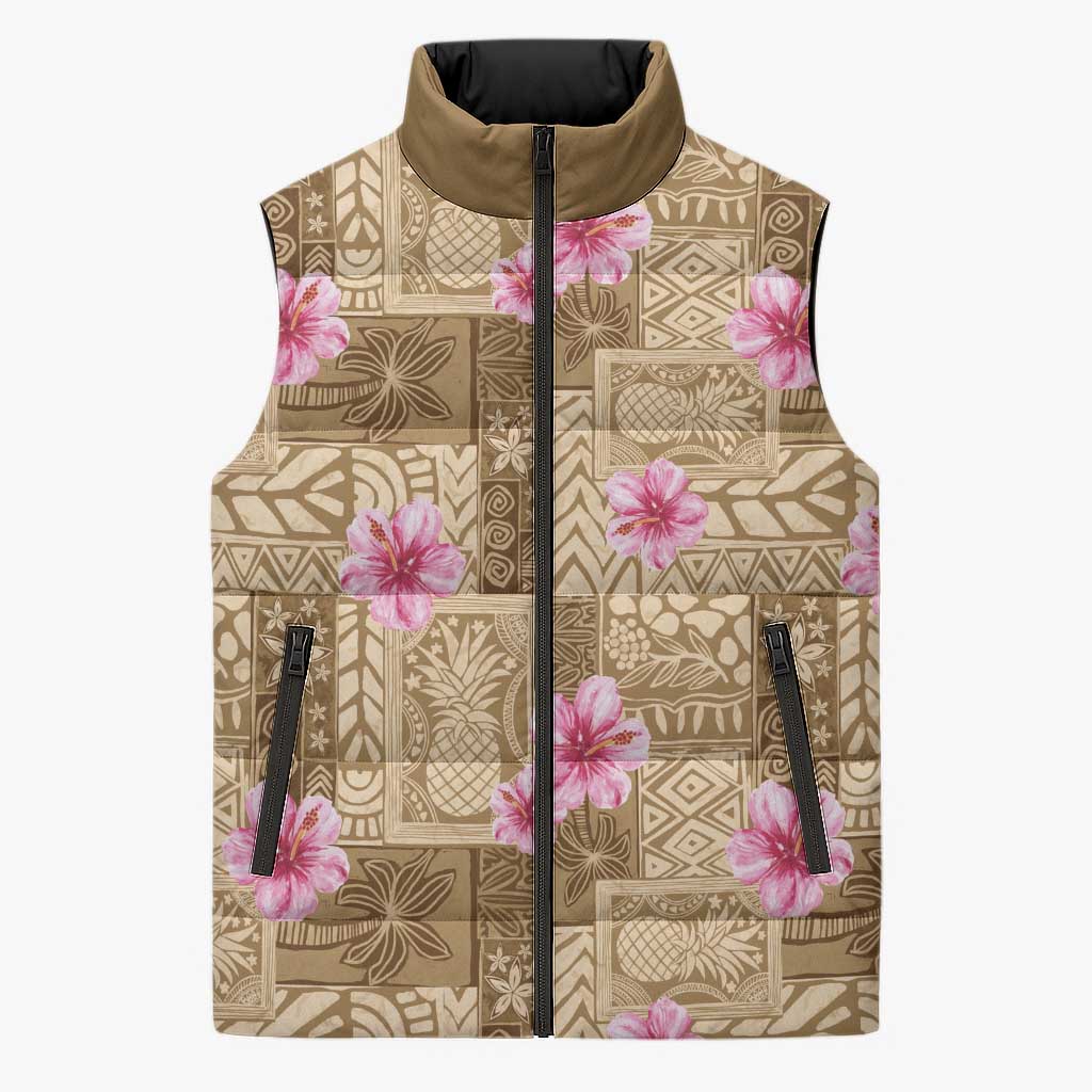 Beige Hawaii Hibiscus With Tropical Flowers Motifs Sleeveless Puffer Jacket - Polynesian Pride