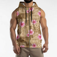 Beige Hawaii Hibiscus With Tropical Flowers Motifs Sleeveless Zip Hoodie - Polynesian Pride