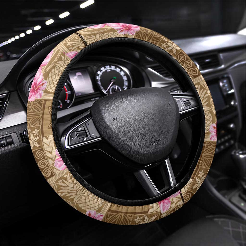 Beige Hawaii Hibiscus With Tropical Flowers Motifs Steering Wheel Cover - Polynesian Pride