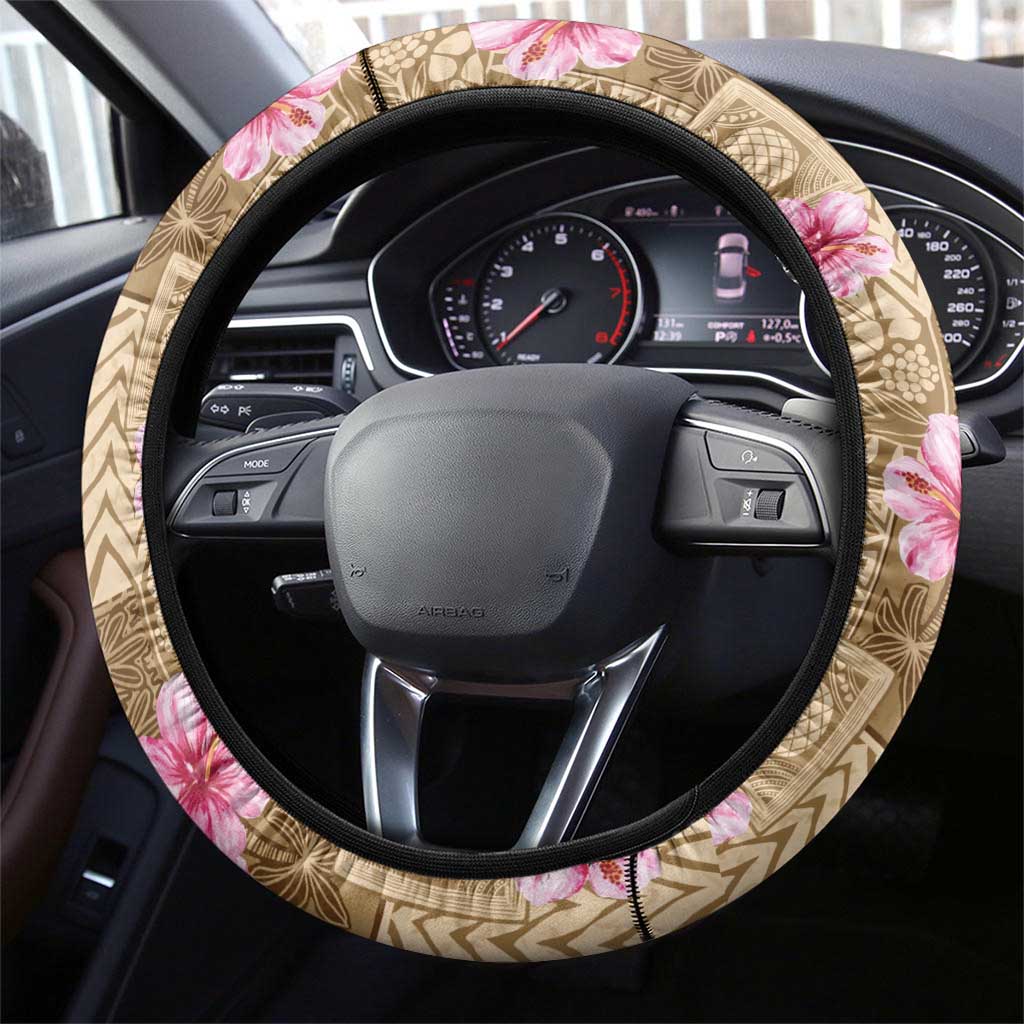 Beige Hawaii Hibiscus With Tropical Flowers Motifs Steering Wheel Cover - Polynesian Pride