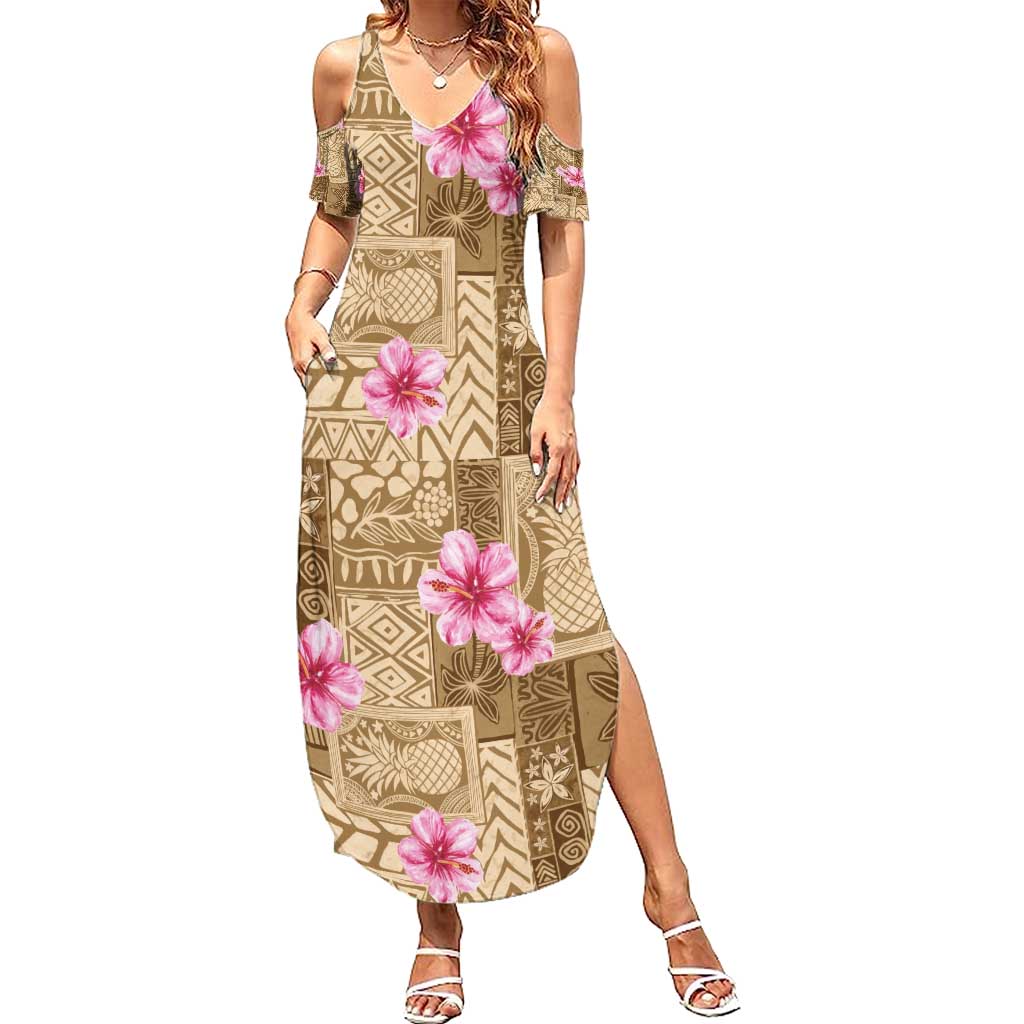 Beige Hawaii Hibiscus With Tropical Flowers Motifs Summer Maxi Dress - Polynesian Pride