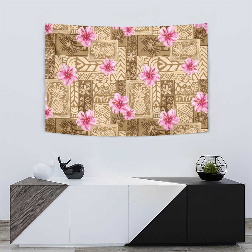 Beige Hawaii Hibiscus With Tropical Flowers Motifs Tapestry - Polynesian Pride