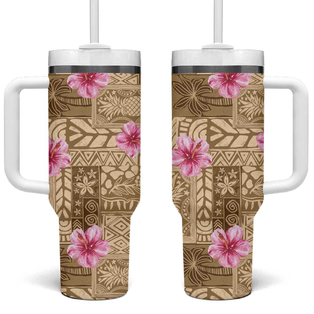 Beige Hawaii Hibiscus With Tropical Flowers Motifs Tumbler With Handle - Polynesian Pride