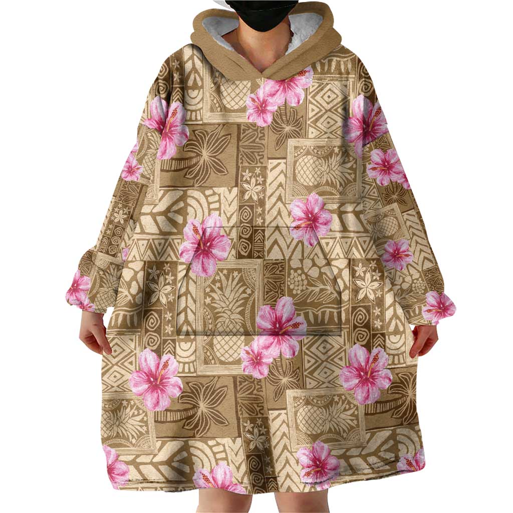 Beige Hawaii Hibiscus With Tropical Flowers Motifs Wearable Blanket Hoodie - Polynesian Pride