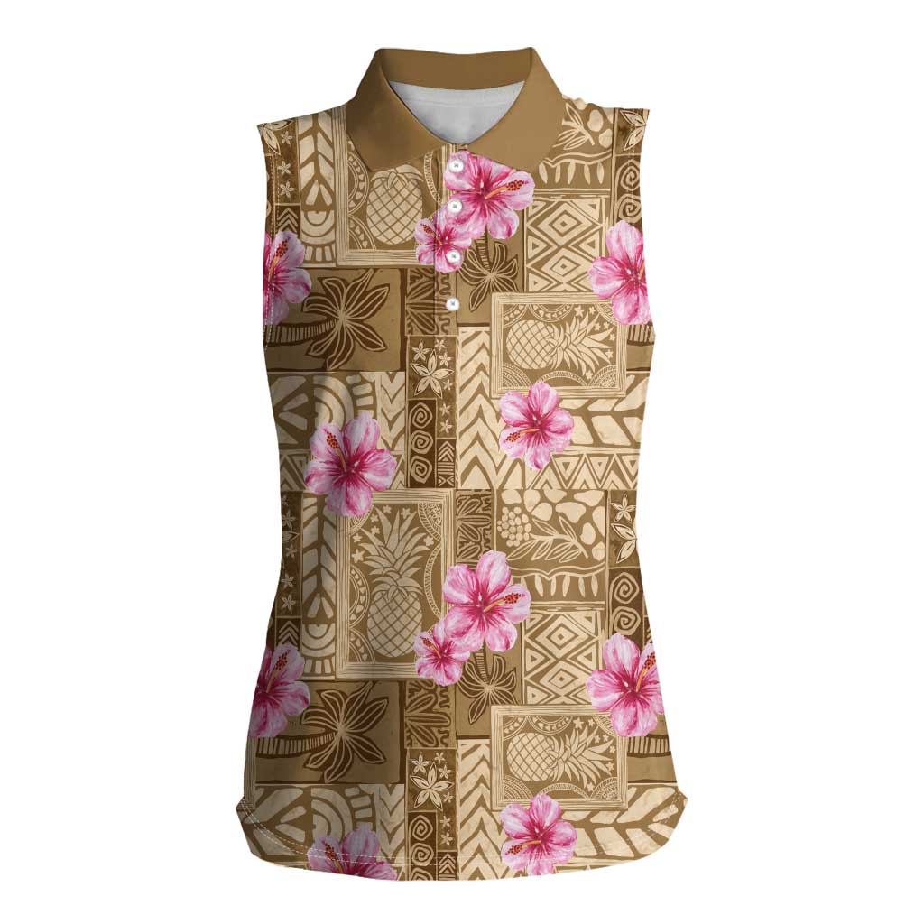 Beige Hawaii Hibiscus With Tropical Flowers Motifs Women Sleeveless Polo Shirt - Polynesian Pride