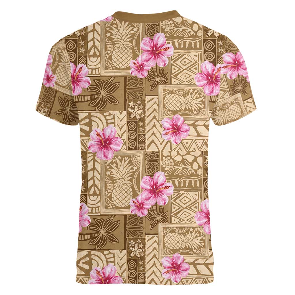 Beige Hawaii Hibiscus With Tropical Flowers Motifs Women V-Neck T-Shirt - Polynesian Pride
