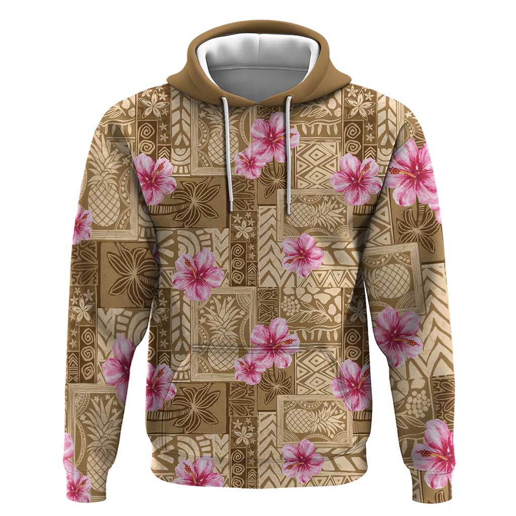 Beige Hawaii Hibiscus With Tropical Flowers Motifs Zip Hoodie - Polynesian Pride