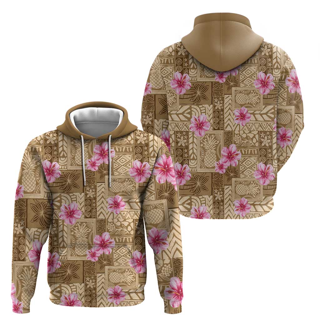 Beige Hawaii Hibiscus With Tropical Flowers Motifs Zip Hoodie - Polynesian Pride