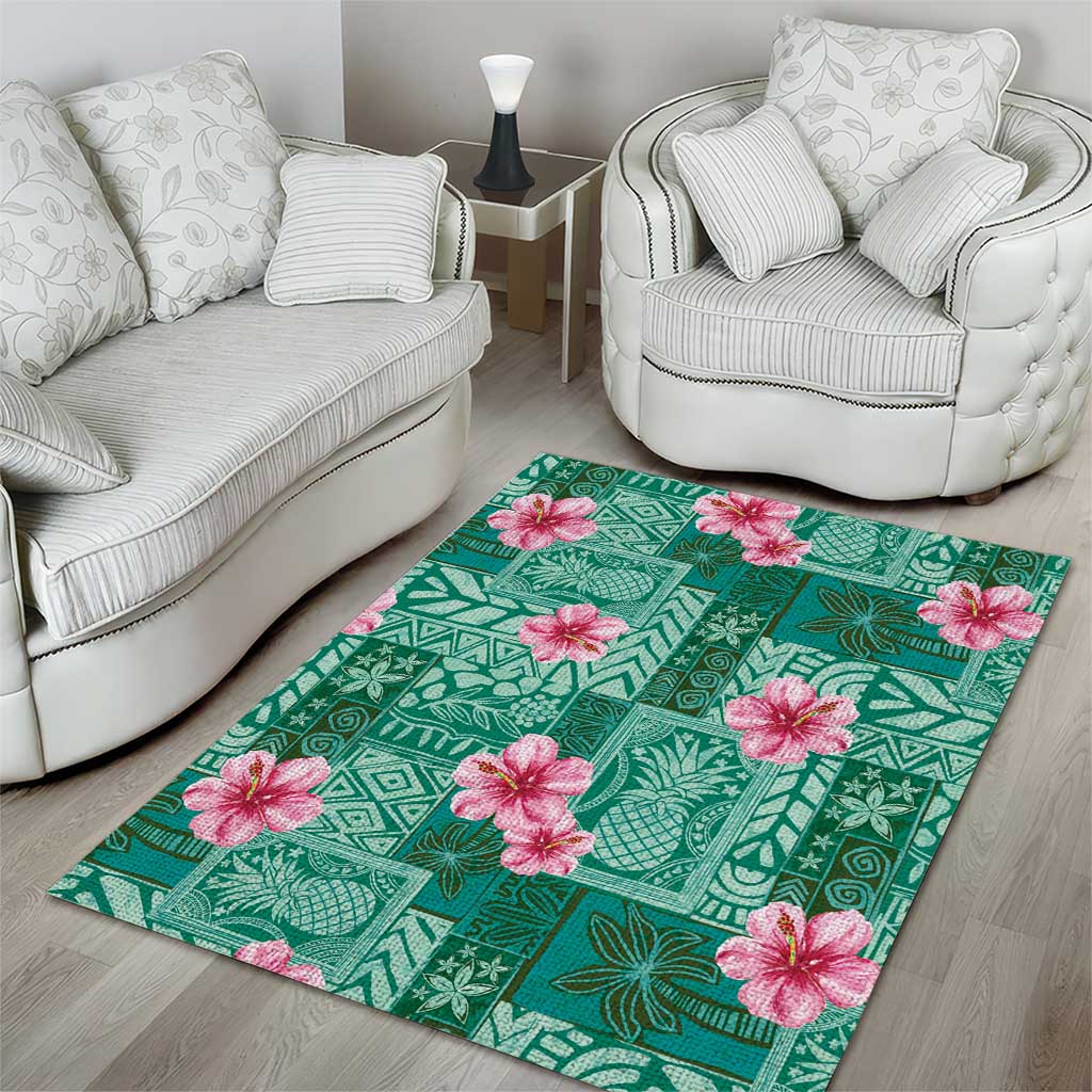 Cyan Hawaii Hibiscus With Tropical Flowers Motifs Area Rug - Polynesian Pride