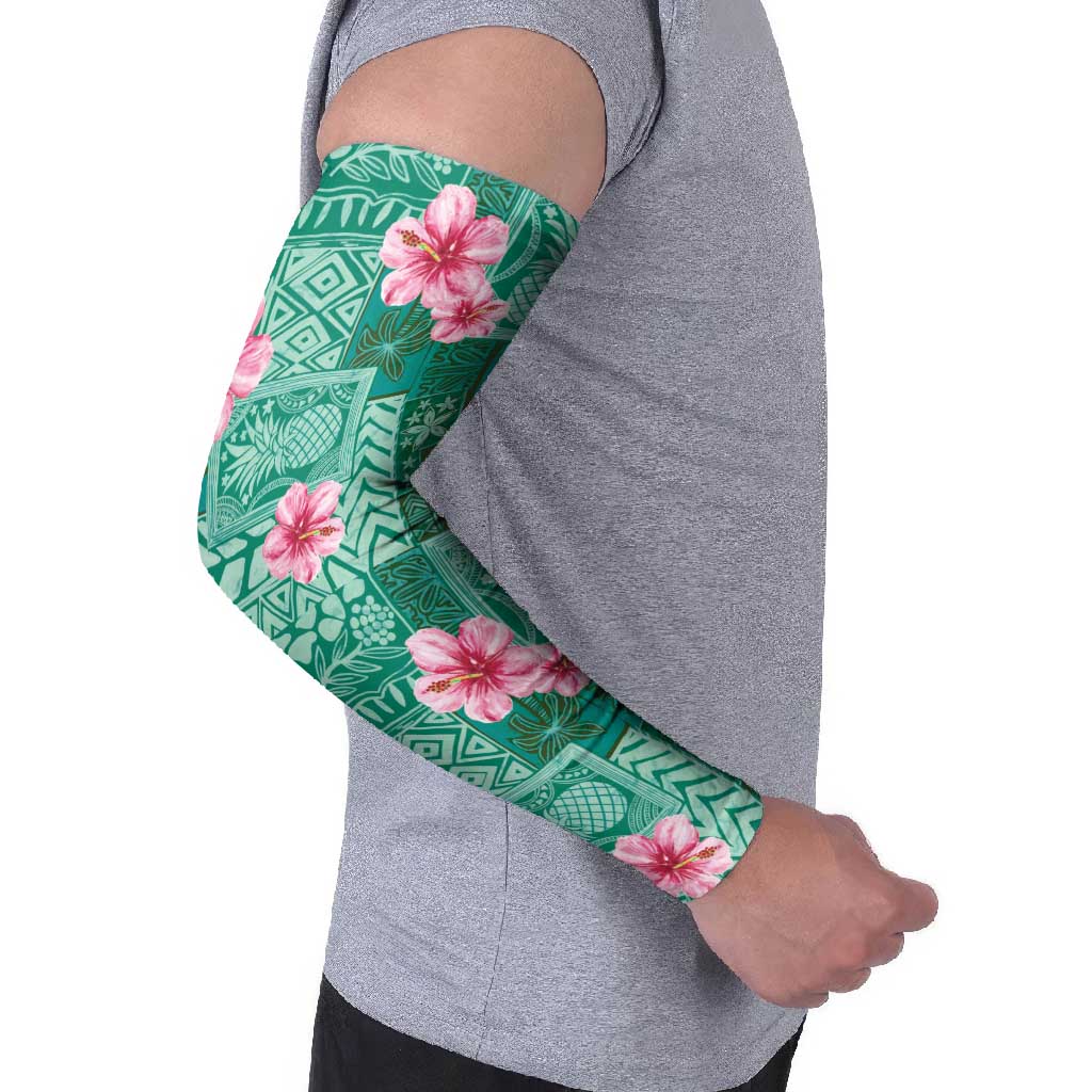 Cyan Hawaii Hibiscus With Tropical Flowers Motifs Arm Sleeves - Polynesian Pride