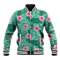 Cyan Hawaii Hibiscus With Tropical Flowers Motifs Baseball Jacket - Polynesian Pride