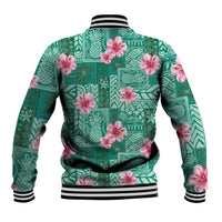 Cyan Hawaii Hibiscus With Tropical Flowers Motifs Baseball Jacket - Polynesian Pride