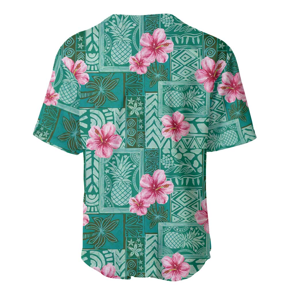 Cyan Hawaii Hibiscus With Tropical Flowers Motifs Baseball Jersey - Polynesian Pride