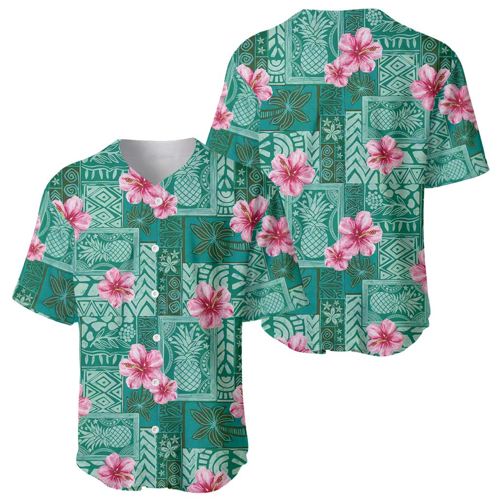 Cyan Hawaii Hibiscus With Tropical Flowers Motifs Baseball Jersey - Polynesian Pride