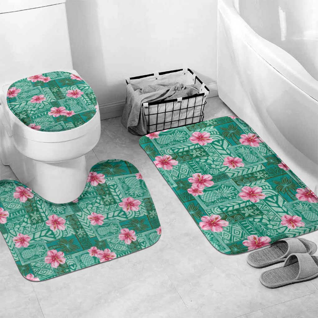 Cyan Hawaii Hibiscus With Tropical Flowers Motifs Bathroom Set - Polynesian Pride