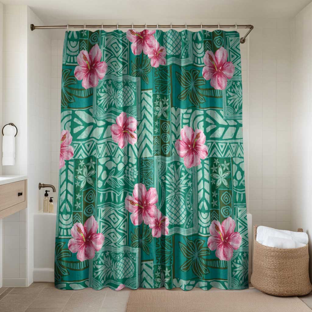 Cyan Hawaii Hibiscus With Tropical Flowers Motifs Bathroom Set - Polynesian Pride