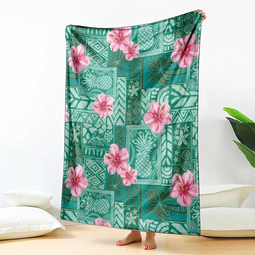 Cyan Hawaii Hibiscus With Tropical Flowers Motifs Blanket - Polynesian Pride