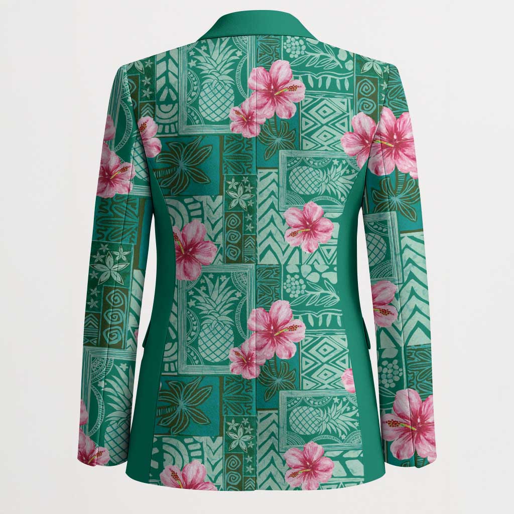 Cyan Hawaii Hibiscus With Tropical Flowers Motifs Blazer - Polynesian Pride