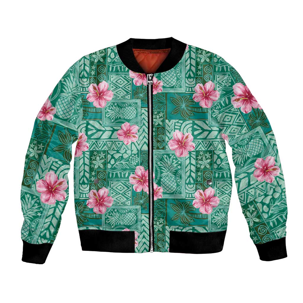 Cyan Hawaii Hibiscus With Tropical Flowers Motifs Bomber Jacket - Polynesian Pride