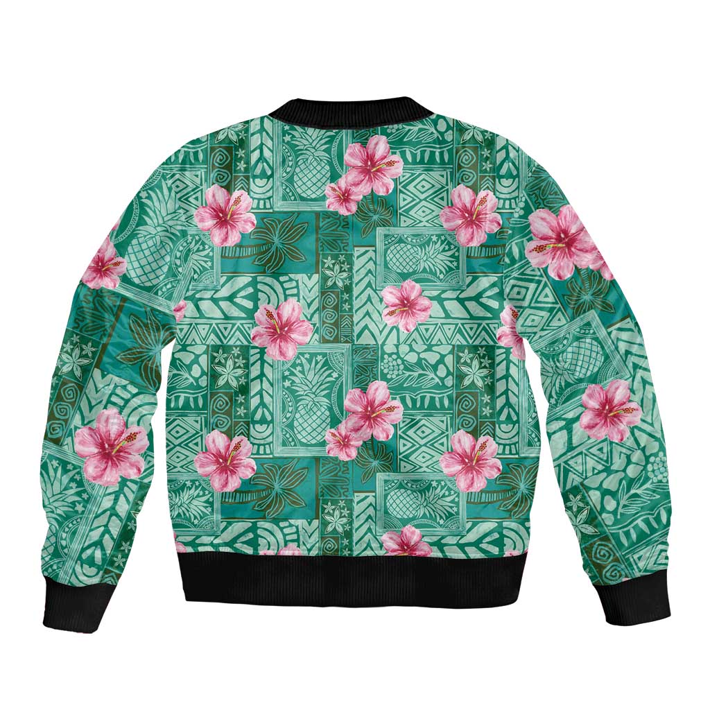 Cyan Hawaii Hibiscus With Tropical Flowers Motifs Bomber Jacket - Polynesian Pride
