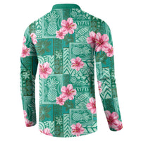 Cyan Hawaii Hibiscus With Tropical Flowers Motifs Button Sweatshirt - Polynesian Pride