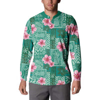 Cyan Hawaii Hibiscus With Tropical Flowers Motifs Button Sweatshirt - Polynesian Pride