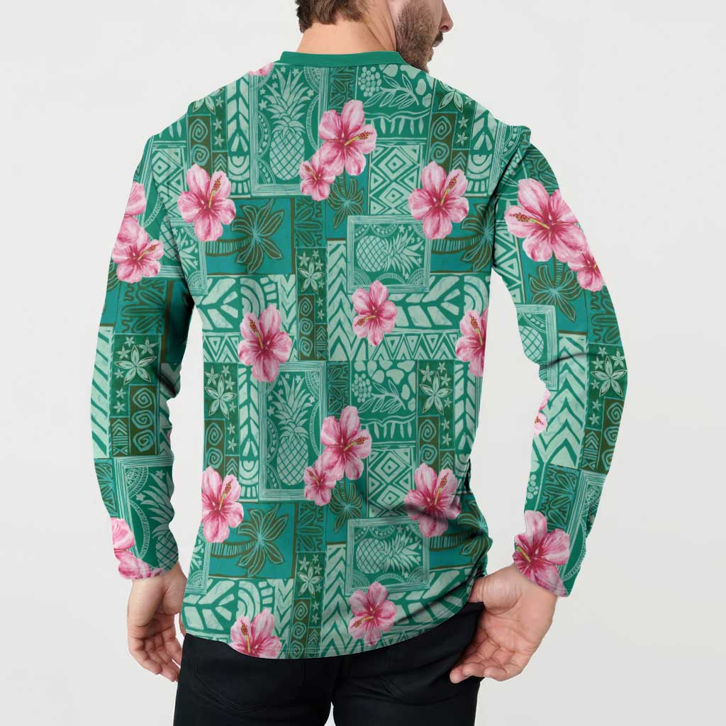Cyan Hawaii Hibiscus With Tropical Flowers Motifs Button Sweatshirt - Polynesian Pride