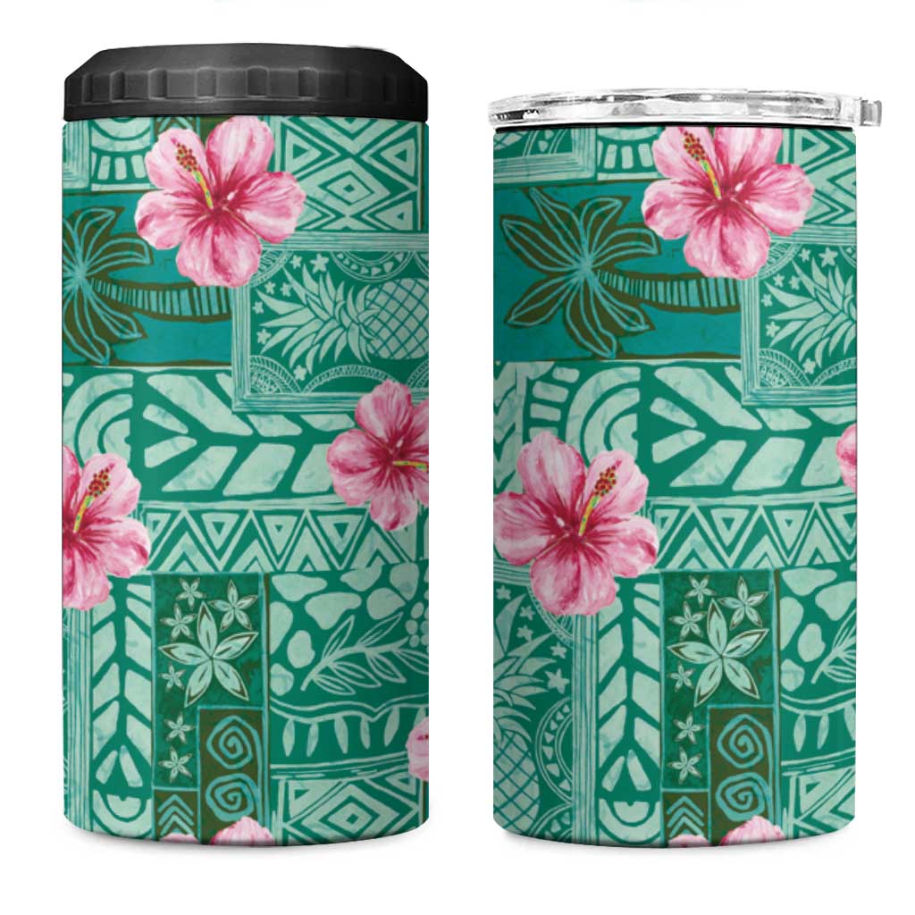 Cyan Hawaii Hibiscus With Tropical Flowers Motifs 4 in 1 Can Cooler Tumbler - Polynesian Pride