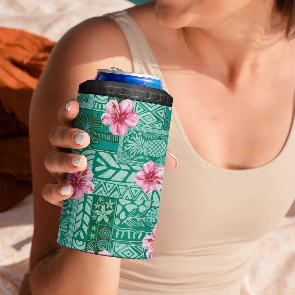 Cyan Hawaii Hibiscus With Tropical Flowers Motifs 4 in 1 Can Cooler Tumbler - Polynesian Pride
