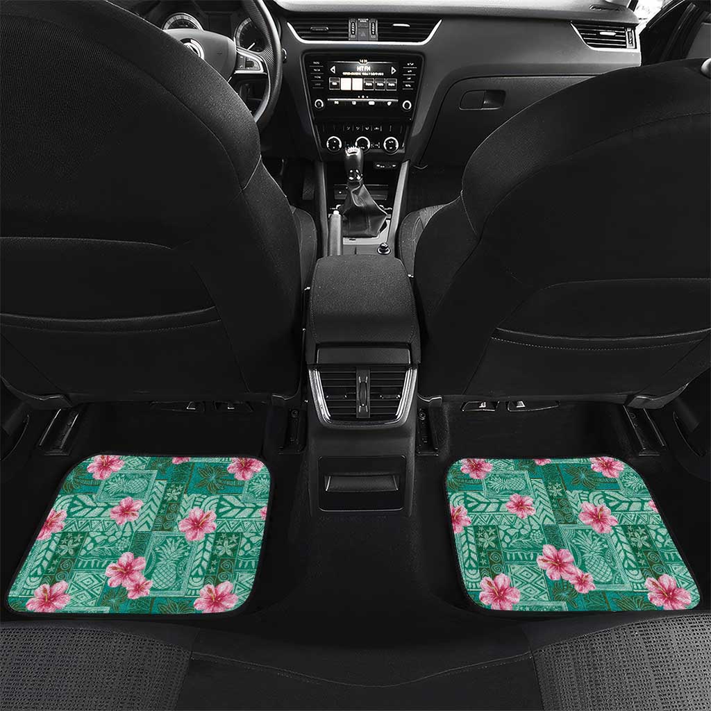 Cyan Hawaii Hibiscus With Tropical Flowers Motifs Car Mats - Polynesian Pride