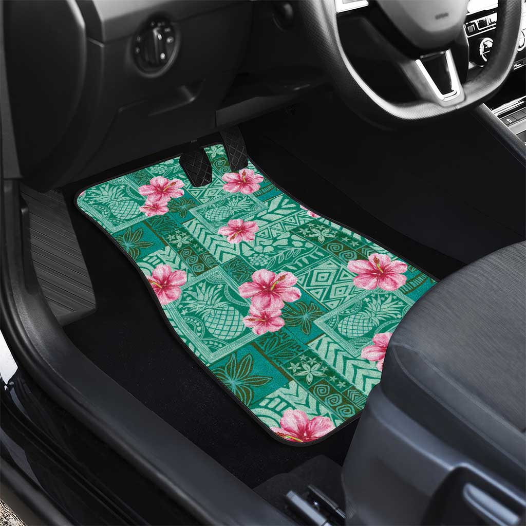 Cyan Hawaii Hibiscus With Tropical Flowers Motifs Car Mats - Polynesian Pride