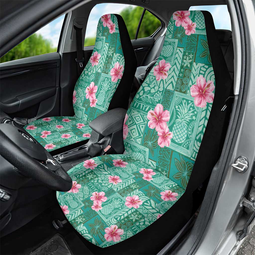 Cyan Hawaii Hibiscus With Tropical Flowers Motifs Car Seat Cover - Polynesian Pride