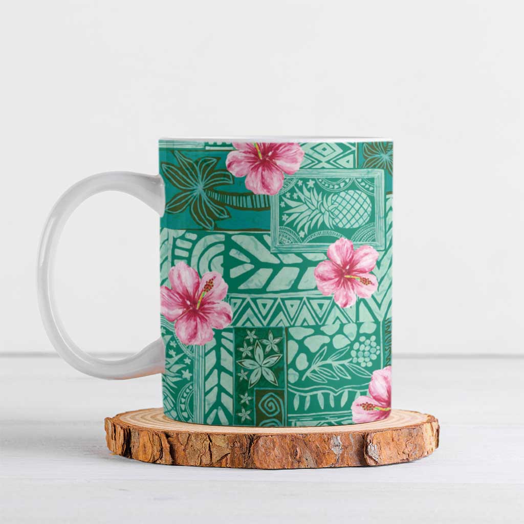 Cyan Hawaii Hibiscus With Tropical Flowers Motifs Ceramic Mug - Polynesian Pride