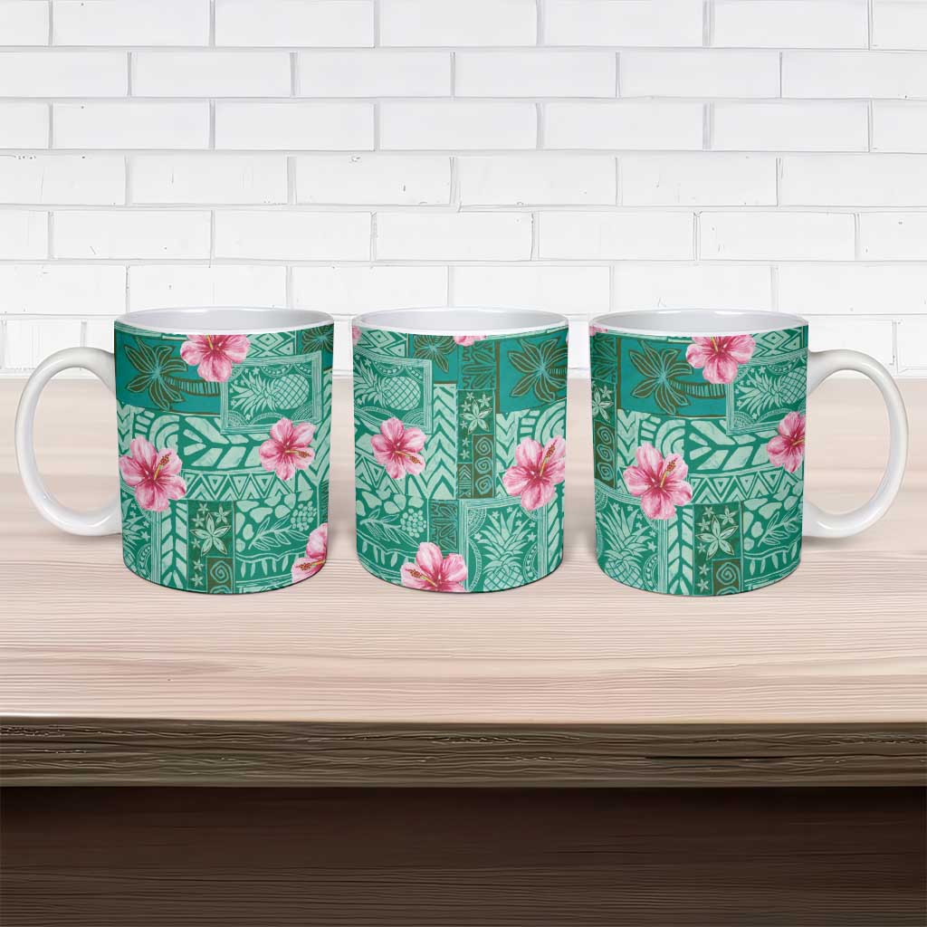 Cyan Hawaii Hibiscus With Tropical Flowers Motifs Ceramic Mug - Polynesian Pride