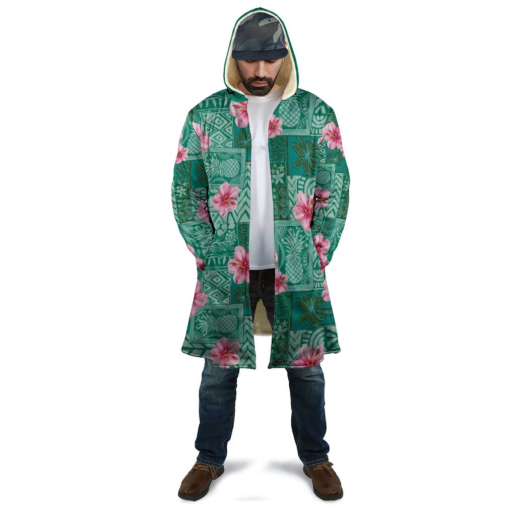 Cyan Hawaii Hibiscus With Tropical Flowers Motifs Cloak - Polynesian Pride