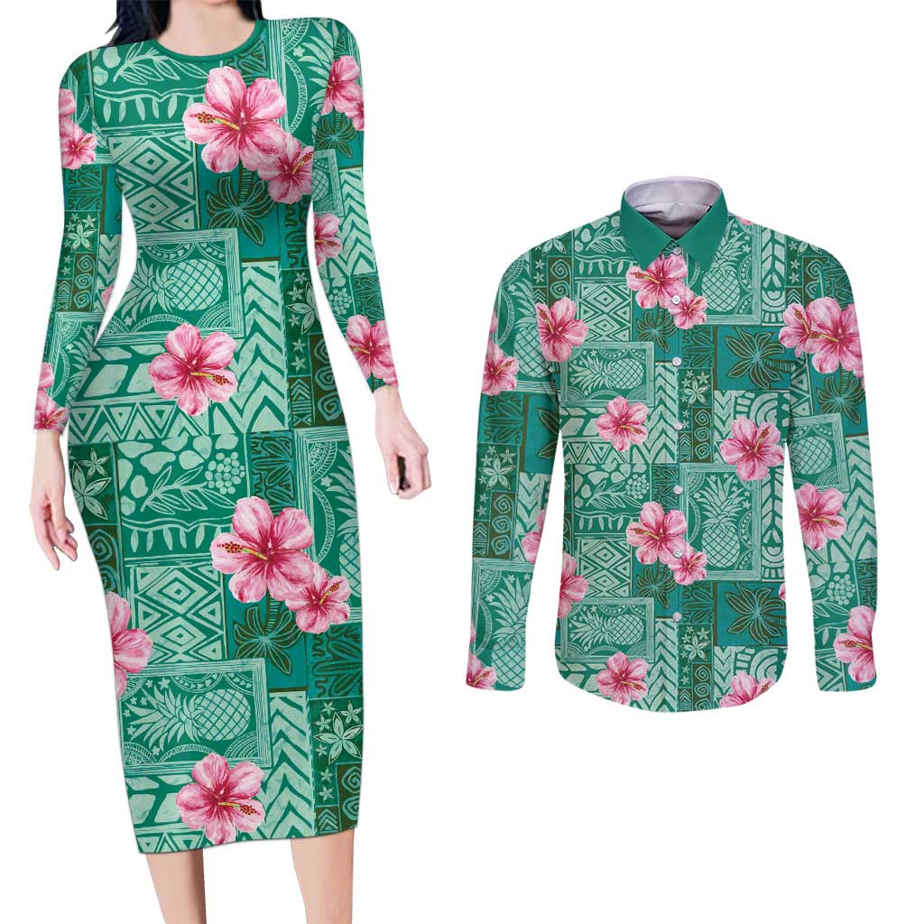 Cyan Hawaii Hibiscus With Tropical Flowers Motifs Couples Matching Long Sleeve Bodycon Dress and Long Sleeve Button Shirt - Polynesian Pride