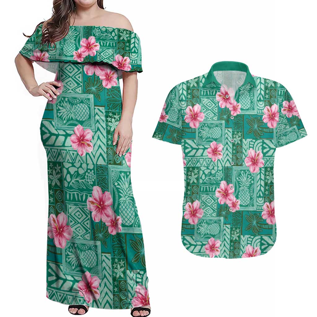 Cyan Hawaii Hibiscus With Tropical Flowers Motifs Couples Matching Off Shoulder Maxi Dress and Hawaiian Shirt - Polynesian Pride