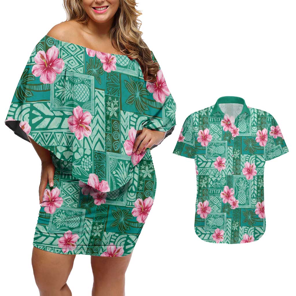 Cyan Hawaii Hibiscus With Tropical Flowers Motifs Couples Matching Off Shoulder Short Dress and Hawaiian Shirt - Polynesian Pride