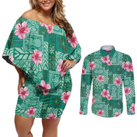 Cyan Hawaii Hibiscus With Tropical Flowers Motifs Couples Matching Off Shoulder Short Dress and Long Sleeve Button Shirt - Polynesian Pride