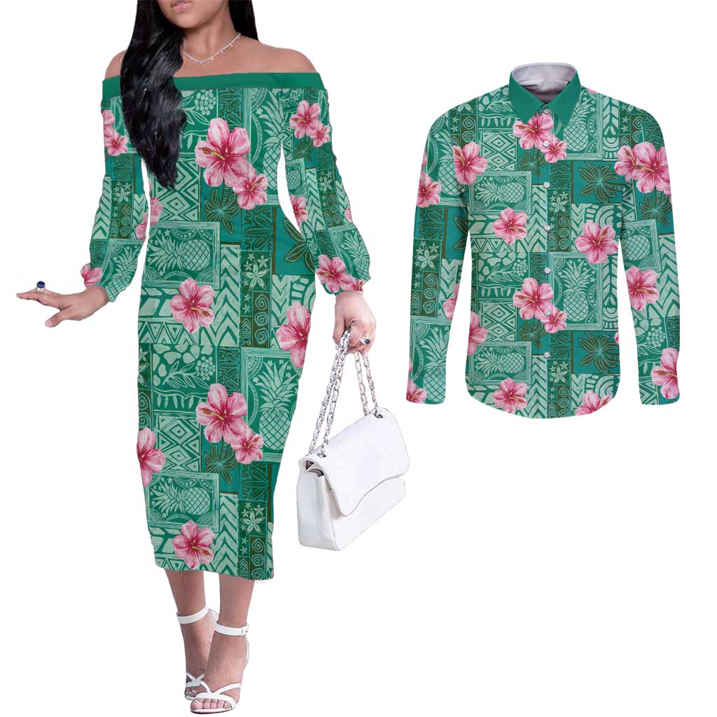 Cyan Hawaii Hibiscus With Tropical Flowers Motifs Couples Matching Off The Shoulder Long Sleeve Dress and Long Sleeve Button Shirt - Polynesian Pride